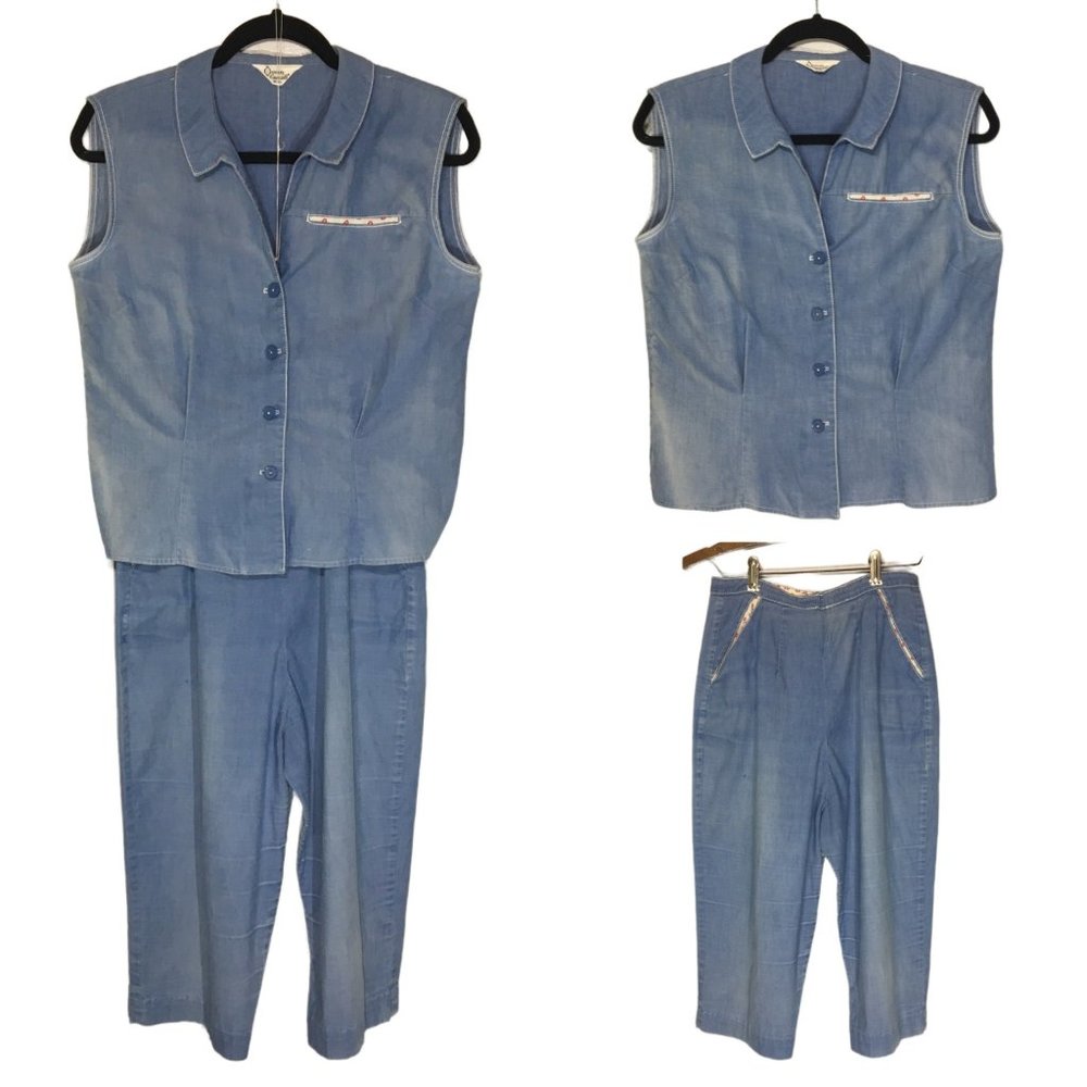 Vintage 60s 70s Two Piece Chambray Denim Set, Vest and Pant Back Metal Zipper